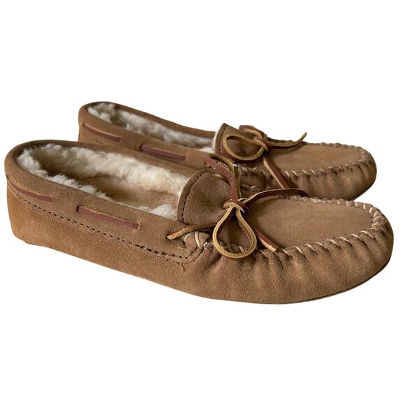 Minnetonka sheepskin soft sole moccasins slippers wool lining leather women’s 8 - Picture 1 of 11